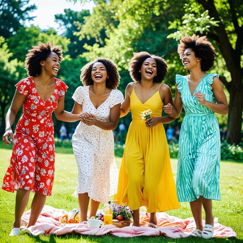 A joyful scene of diverse women laughing together in a sunlit park, sharing fun outdoor activities like picnicking, dancing, and playing games. They embody empowerment with confident body language and bright, vibrant clothing. The background showcases blooming flowers and cheerful greenery, symbolizing growth and unity. Capture the essence of sisterhood and happiness in this delightful moment. vibrant colors. super-realistic. nature-themed.