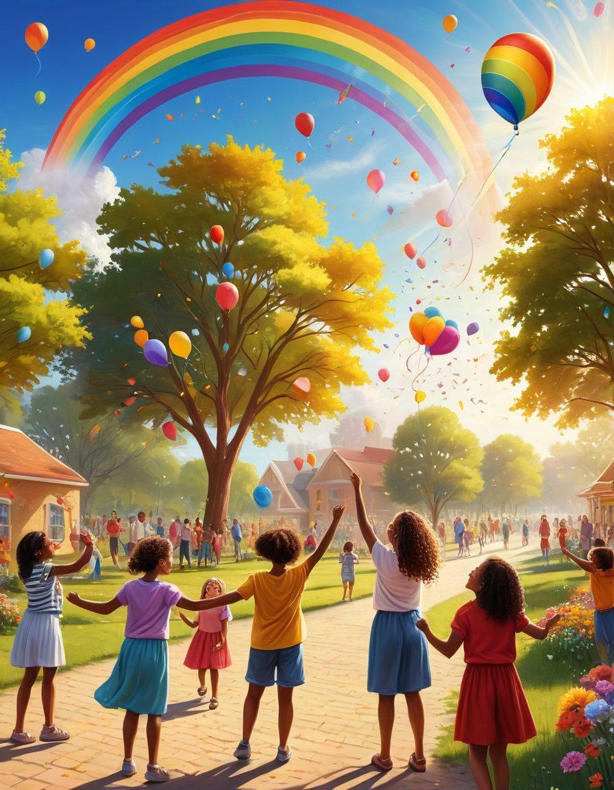 A vibrant scene of diverse cheerful women of different ages celebrating joy together in a colorful park, surrounded by playful children, balloons, and flowers. The women are laughing, dancing, and sharing wholesome activities like picnicking and painting, radiating positivity and warmth. The sun is shining brightly, casting a golden glow over the scene, creating an atmosphere of happiness and community. The background features playful elements like kites and a rainbow, enhancing the festive spirit. super-realistic. vibrant colors. cheerful atmosphere.