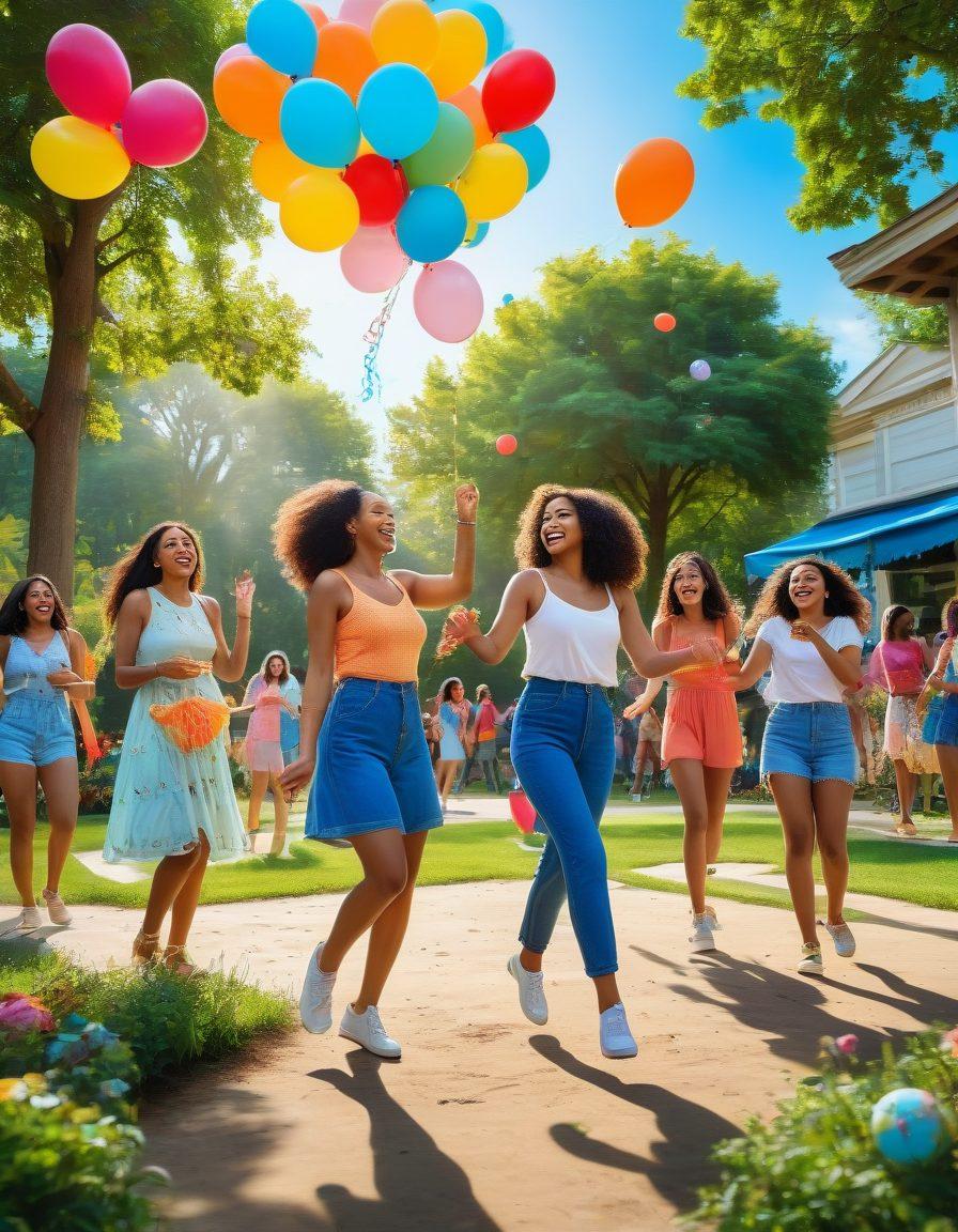 A vibrant, joyful scene featuring diverse women of various ethnicities joyfully engaging in playful activities like dancing, painting, and playing games in a sunlit park. Integrate elements of laughter, colorful balloons, and whimsical decorations that emanate positivity and inspiration. The background should include lush greenery and a bright blue sky, symbolizing freedom and happiness. super-realistic. vibrant colors.